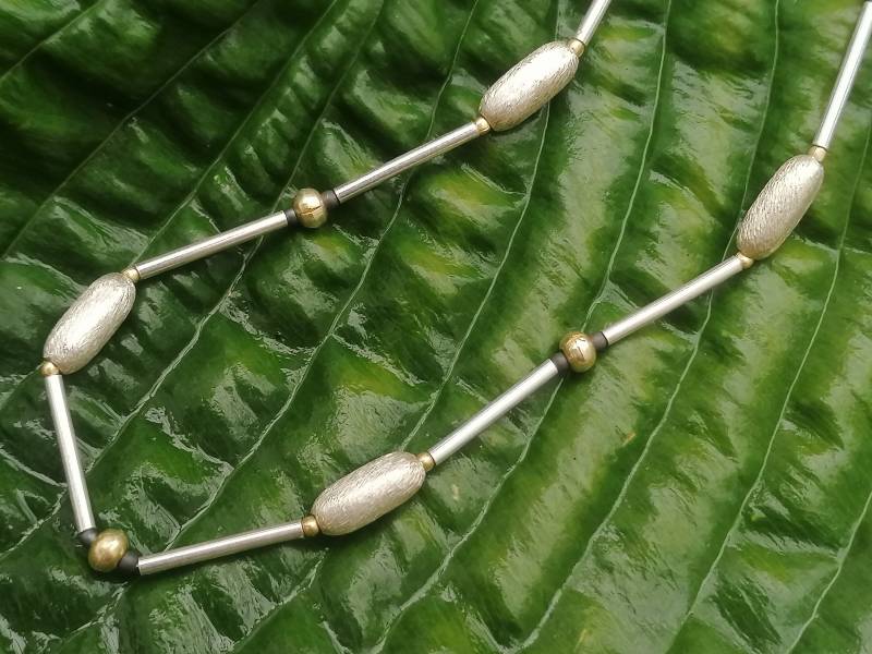 Unikat Kette Silber 925 Stäbchen Tlw Vergoldet Eismattiert Hämatit Kugeln Matt 46, 5 cm von leguan4u