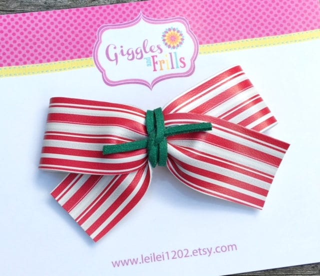 Rot-Weiß Gestreifte Schleife, Weihnachtsschleife Im Haar, Pfefferminze Schleife Urlaub Clip, Leder-Bögen, Peppermint Streifen Weihnachtsbogen von leilei1202