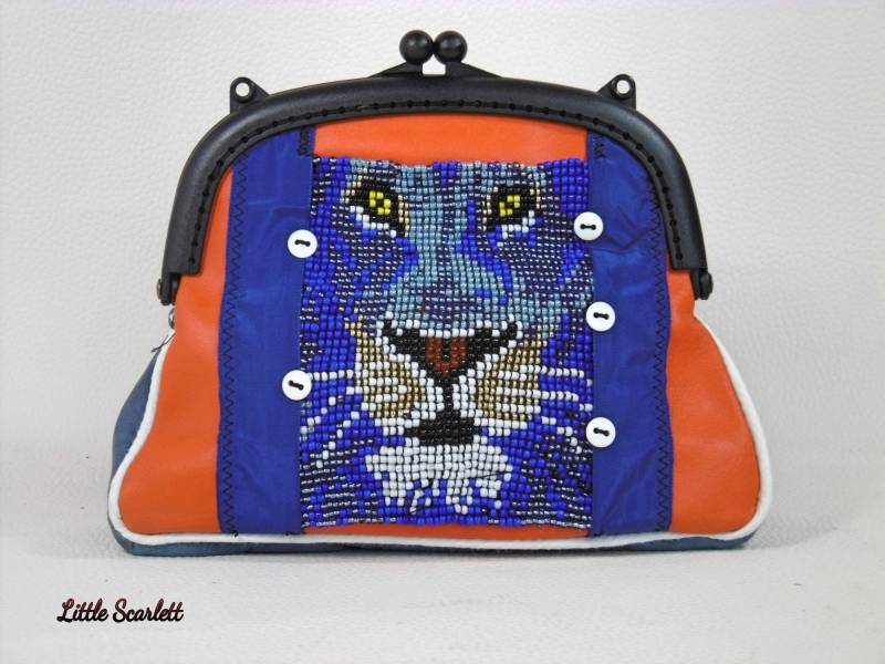 Große Geldbörse Oder Mini Leder Tasche Orange Und Blau, Steingärten Perlen von LittleScarlettbags