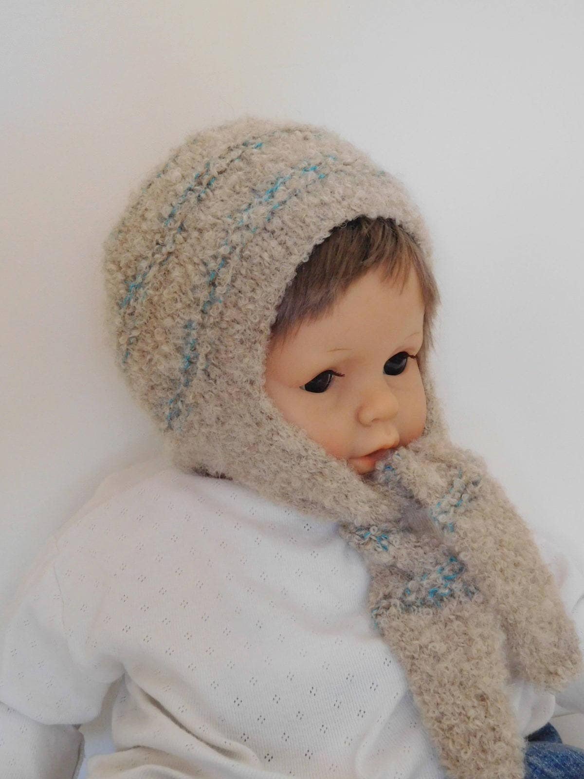 Baby-sturmhaube, Babymütze, 6-9 Monate, Aus Hellbeiger Und Hellozeangrüner Alpakawolle, Babygeschenk, Handgefertigte Babykleidung von lemondedemartine