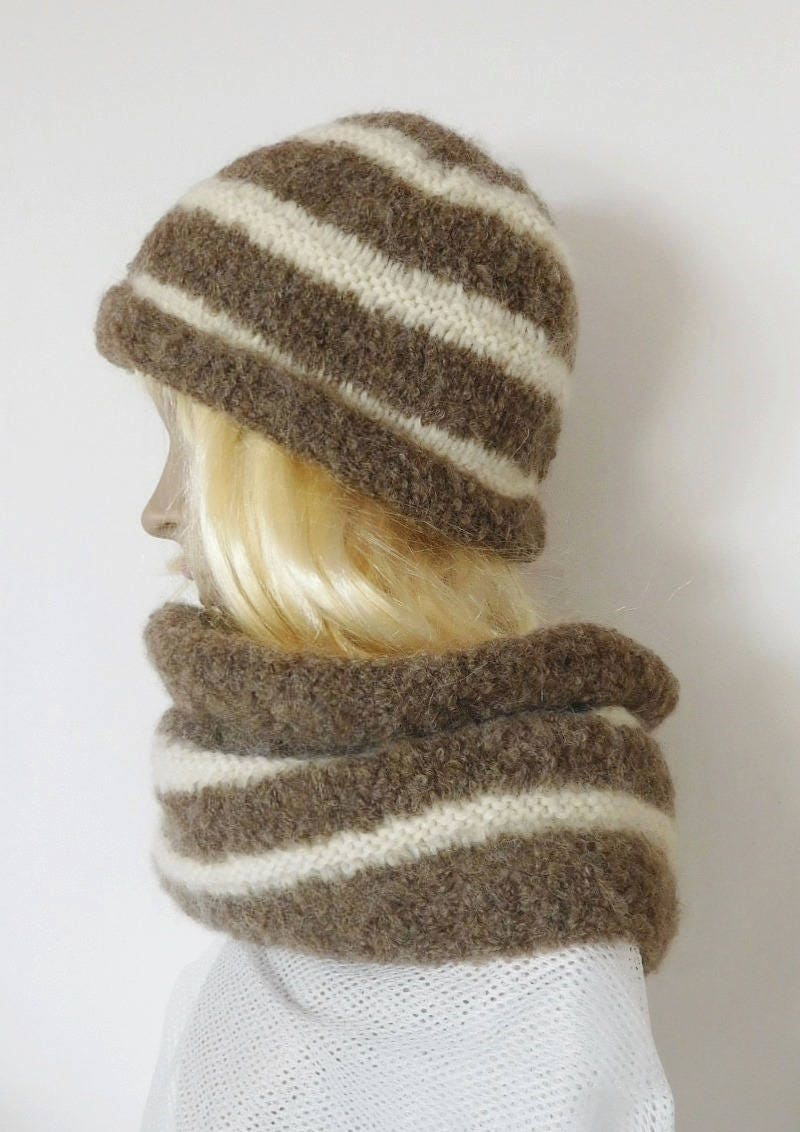 Damen-Set, Hut Und Schal, Braun-Ecrufarbenes Set Aus Alpaka Mohair, Geschenkidee Für Frauen, Handgefertigte Accessoires von lemondedemartine