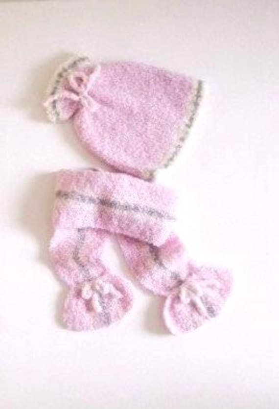 Mädchen-Set, Bestehend Aus Mütze Und Schal, Größen 2-3 Jahre, Rosa Mit Ecru - Grauen Streifen, Alpakawolle, Handgefertigtes Geschenk Für Kinder von lemondedemartine