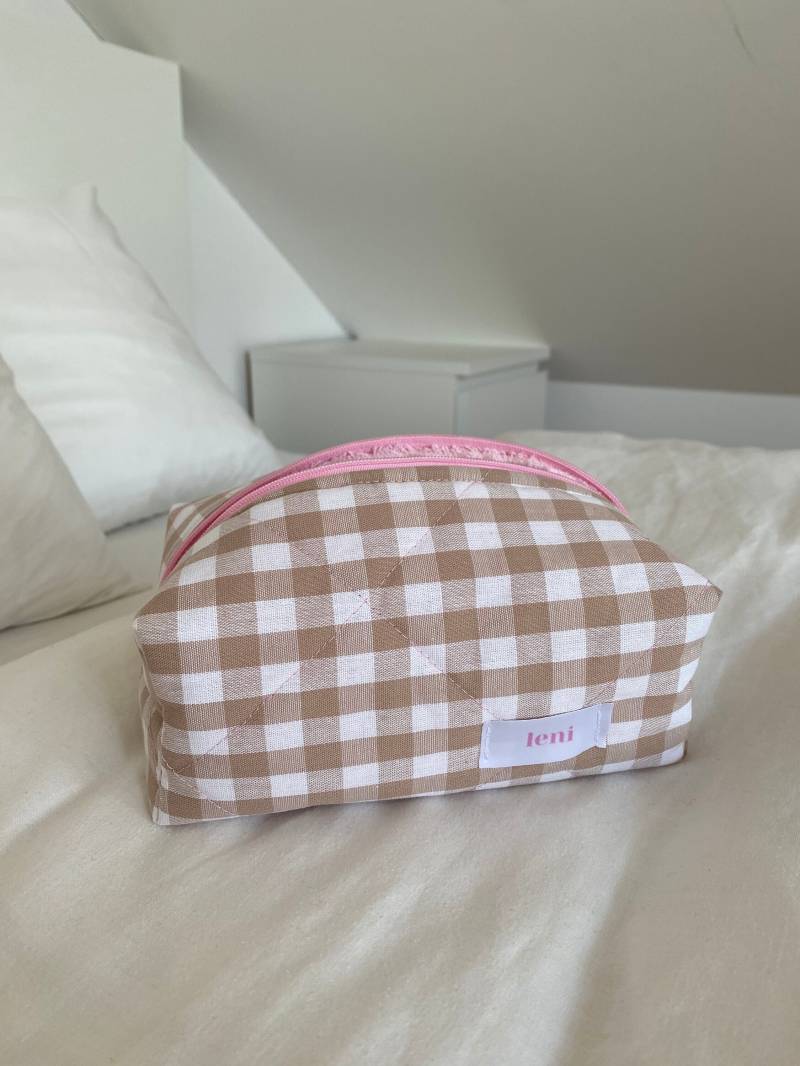 The Makeup Bag - Beauty Case Brown Gingham Print Cotton Fabric Zipper Pouch Pink Terry Cosmetic Sundays von lenithelabelshop