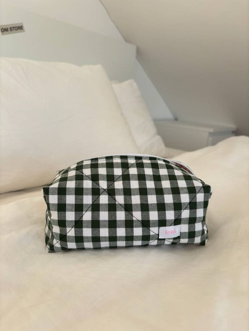 The Makeup Bag - Beauty Case Green Gingham Print Cotton Fabric Zipper Pouch Pink Cosmetic Christmas Present Forest von lenithelabelshop