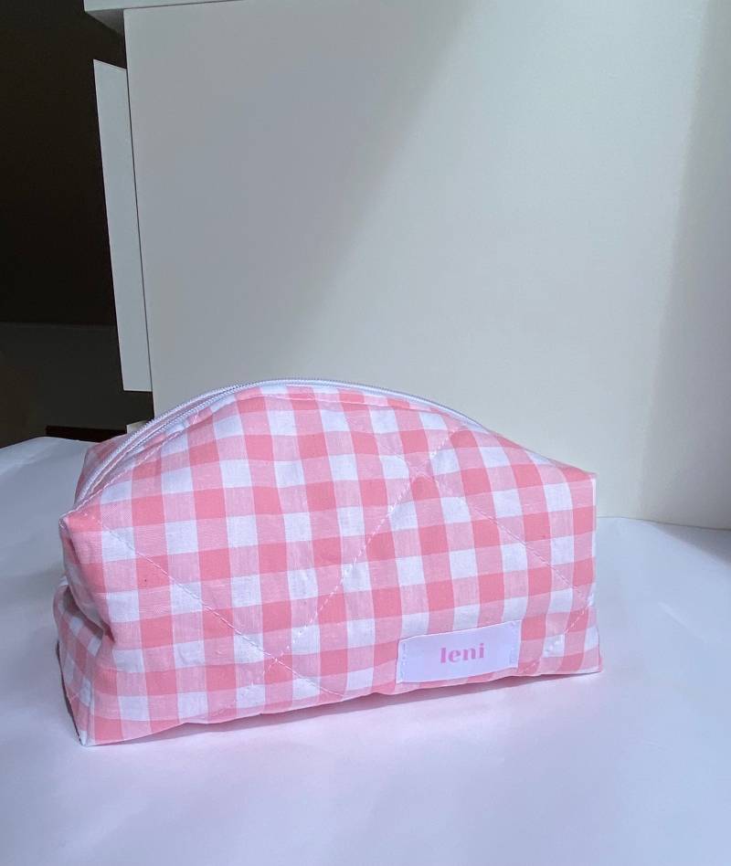 The Makeup Bag - Beauty Case Pink Gingham Print Cotton Fabric Zipper Pouch Floral Cosmetic Berry von lenithelabelshop