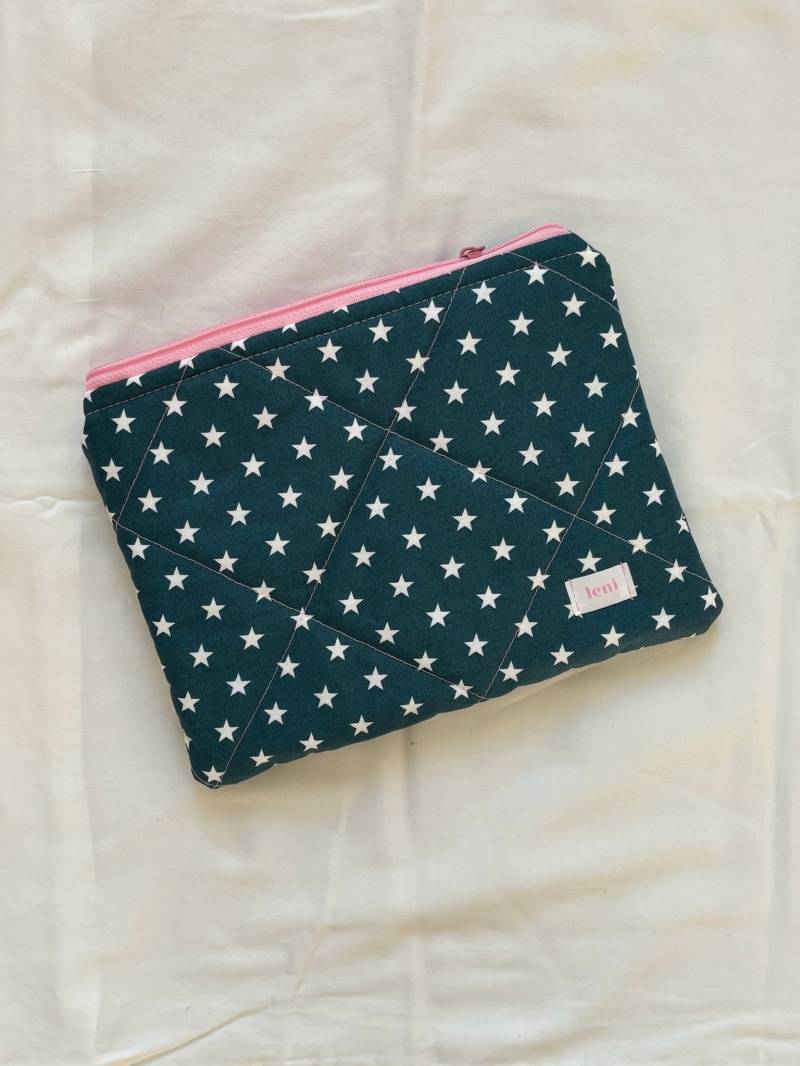 The Pouch - Makeup Bag Turquoise Star Print Cotton Fabric Beauty Case For Handbags Pink Zipper Christmas Gift Starlight von lenithelabelshop