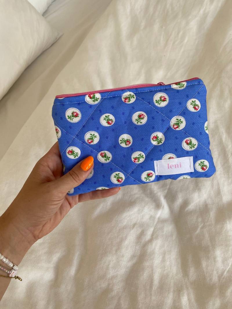 The Pouch - Small Size Makeup Bag Blue Rose Print Cotton Fabric Cosmetic Beauty Case For Handbags Secret Santa von lenithelabelshop