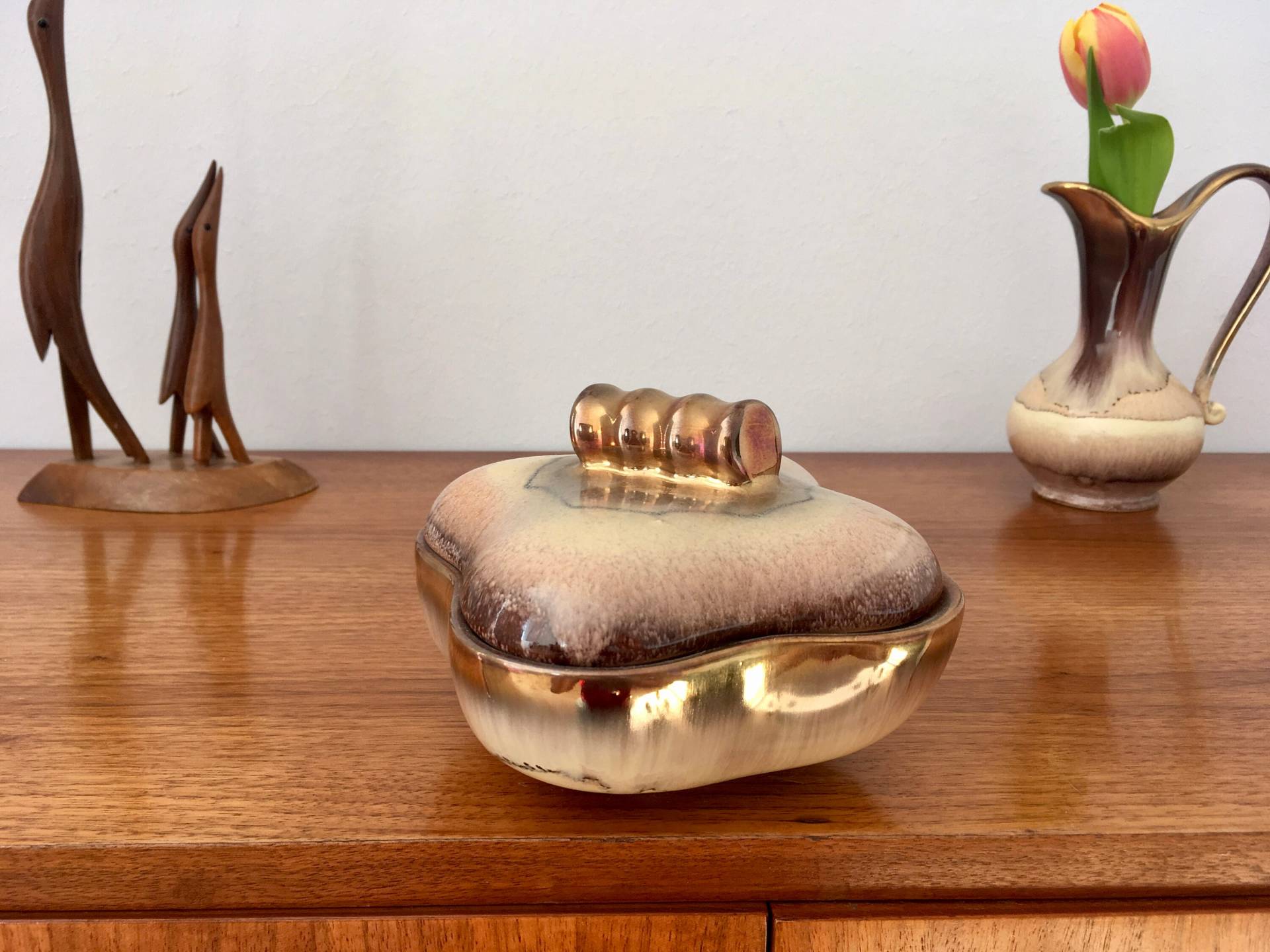 Vintage, Dose, Deckeldose, Jasba, Braune Verlaufsglasur, 50Er, Keramik, West Germany, German Pottery, Midcentury, Goldrand, Sammlerstück von leonellovintage
