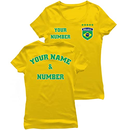 lepni.me Damen Brasilien Fußball T-Shirt mit Ihrem Namen und Nummer | Brasilianische Flagge Abzeichen Personalisierte Trikot Weltmeisterschaft 2022 (L Gelb Mehrfarben) von lepni.me