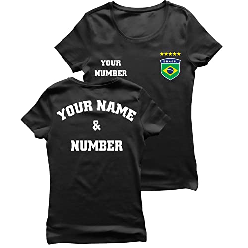 lepni.me Damen Brasilien Fußball T-Shirt mit Ihrem Namen und Nummer | Brasilianische Flagge Abzeichen Personalisierte Trikot Weltmeisterschaft 2022 (XL Schwarz Mehrfarben) von lepni.me