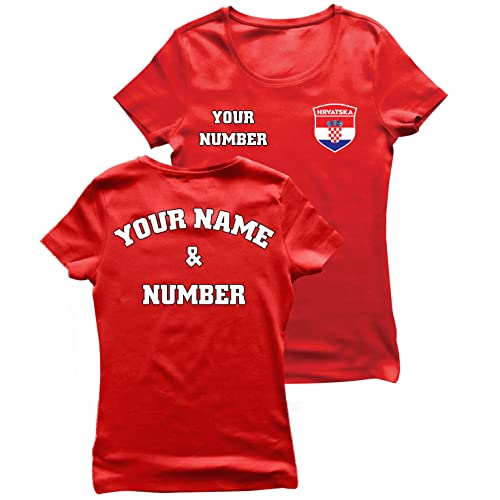 lepni.me Damen Kroatien Fußball T-Shirt mit Ihrem Namen und Nummer | Kroatische Flagge Abzeichen Personalisierte Trikot Weltmeisterschaft 2022 (M Rot Mehrfarben) von lepni.me