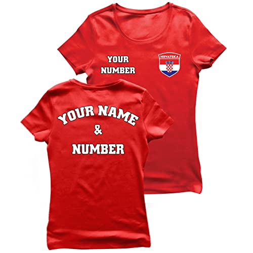 lepni.me Damen Kroatien Fußball T-Shirt mit Ihrem Namen und Nummer | Kroatische Flagge Abzeichen Personalisierte Trikot Weltmeisterschaft 2022 (S Rot Mehrfarben) von lepni.me