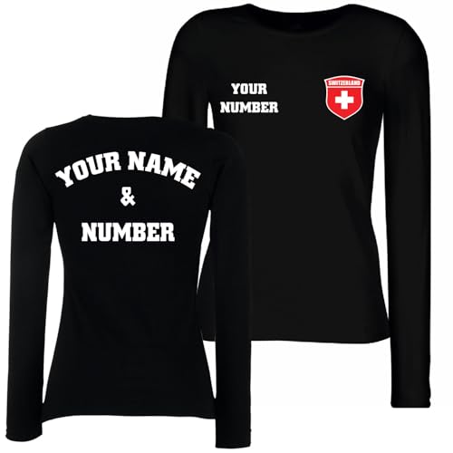 lepni.me Damen Personalisiertes Langarm-Fußballtrikot Schweiz T-Shirt | Name und Nummer |Schweizer Flagge Abzeichen | Fußball-Europameisterschaft 2024 (M Schwarz Mehrfarben) von lepni.me