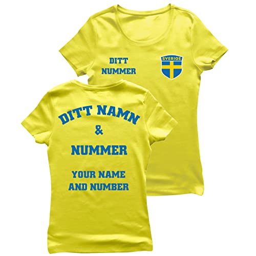 lepni.me Damen T-Shirt Schweden Fußball Trikot Ihrem Namen und Nummer Schwedische Flagge Abzeichen Personalisierte Custom Top WM 2022 Fans (L Gelb Mehrfarben) von lepni.me