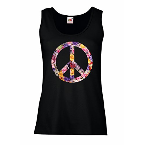 lepni.me Damen Tank-Top Friedenssymbol, 1960er 1970er Jahre Hippie Hippie-Fest Schild Blume Sommer (L Schwarz Mehrfarben) von lepni.me