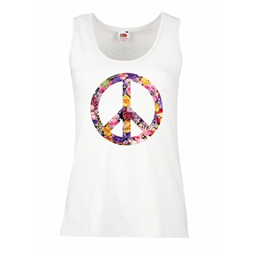 lepni.me Damen Tank-Top Friedenssymbol, 1960er 1970er Jahre Hippie Hippie-Fest Schild Blume Sommer (L Weiß Mehrfarben) von lepni.me