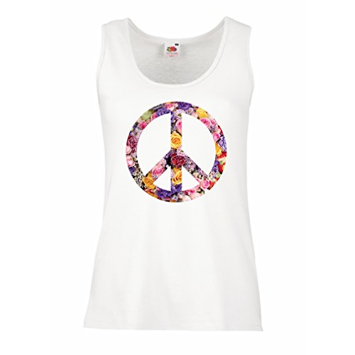 lepni.me Damen Tank-Top Friedenssymbol, 1960er 1970er Jahre Hippie Hippie-Fest Schild Blume Sommer (M Weiß Mehrfarben) von lepni.me