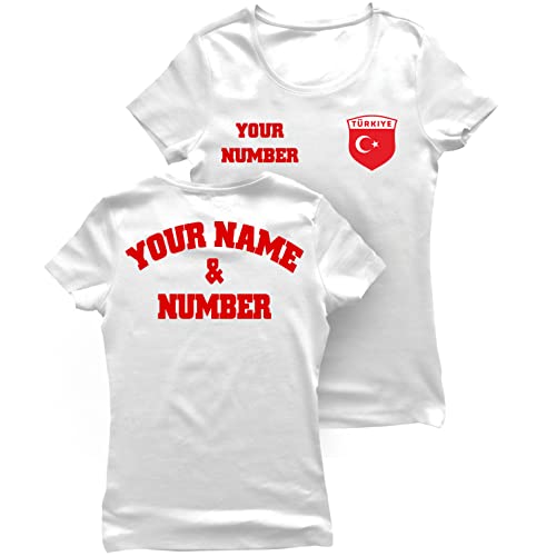 lepni.me Damen Türkei Fußball T-Shirt mit Ihrem Namen und Nummer | Türkische Flagge Abzeichen Personalisierte Trikot | Weltmeisterschaft 2022 (M Weiß Mehrfarben) von lepni.me