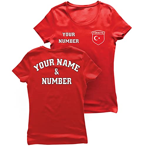 lepni.me Damen Türkei Fußball T-Shirt mit Ihrem Namen und Nummer | Türkische Flagge Abzeichen Personalisierte Trikot | Weltmeisterschaft 2022 (S Rot Mehrfarben) von lepni.me