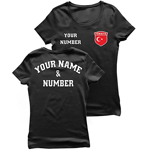 lepni.me Damen Türkei Fußball T-Shirt mit Ihrem Namen und Nummer | Türkische Flagge Abzeichen Personalisierte Trikot | Weltmeisterschaft 2022 (S Schwarz Mehrfarben) von lepni.me
