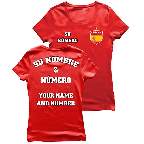 lepni.me Frauen Spanien Fußball T-Shirts - Ihr Name und Ihre Nummer Geschenke zur Fußball-Europameisterschaft oder Weltmeisterschaft 2022 (M Rot Mehrfarben) von lepni.me