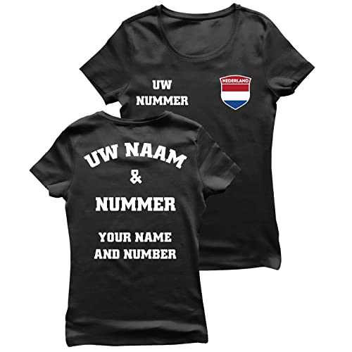 lepni.me Frauen T-Shirt Niederlande Fußball Trikot Ihr Name und Nummer - Holland Flagge Abzeichen Personalisiertes Benutzerdefinierte Top Weltmeisterschaft 2022 Fans (L Schwarz Mehrfarben) von lepni.me