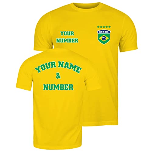 lepni.me Herren Brasilien Fußball Shirt mit Ihrem Namen und Nummer | Brasilianische Flagge Abzeichen Personalisiertes Trikot Weltmeisterschaft 2022 (S Gelb Mehrfarben) von lepni.me