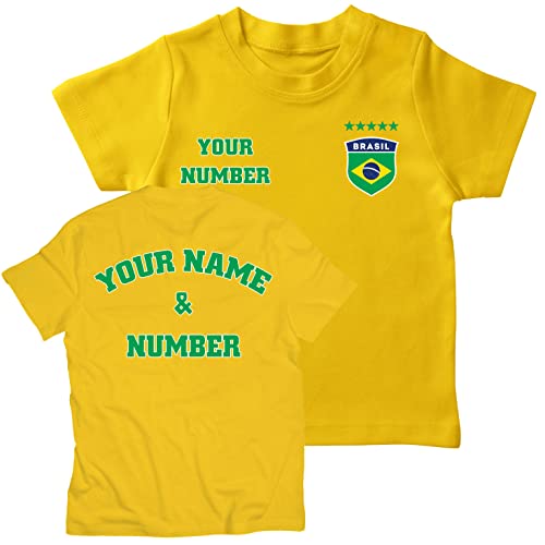 lepni.me Kinder Brasilien Fußball T-Shirt mit Ihrer Namen und Nummer | Brasilianische Flagge Abzeichen Personalisierte Trikot Weltmeisterschaft 2022 (1-2 Jahre Gelb Mehrfarben) von lepni.me