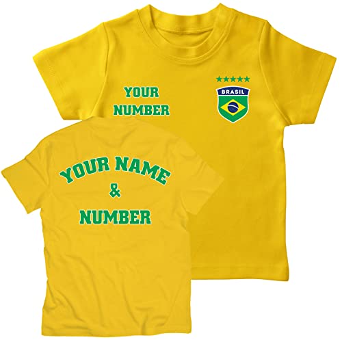 lepni.me Kinder Brasilien Fußball T-Shirt mit Ihrer Namen und Nummer | Brasilianische Flagge Abzeichen Personalisierte Trikot Weltmeisterschaft 2022 (12-13 Jahre Gelb Mehrfarben) von lepni.me