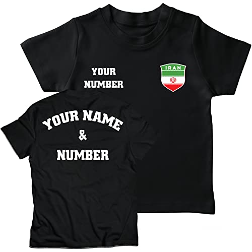 lepni.me Kinder Iran Fußball T-Shirt mit Ihrer Namen und Nummer | Iranische Flagge Abzeichen Personalisierte Trikot Weltmeisterschaft 2022 (5-6 Jahre Schwarz Mehrfarben) von lepni.me