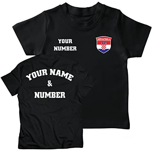 lepni.me Kinder Kroatien Fußball T-Shirt mit Ihrer Namen und Nummer | Kroatische Flagge Abzeichen Personalisierte Trikot Weltmeisterschaft 2022 (12-13 Jahre Schwarz Mehrfarben) von lepni.me