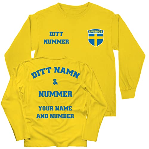 lepni.me Kinder Langarm T-Shirt Schweden Fußball Trikot Ihr Name und Nummer Schwedische Flagge Abzeichen Personalisierte Custom Top WM 2022 (5-6 Jahre Gelb Mehrfarben) von lepni.me