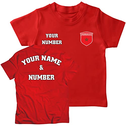 lepni.me Kinder Marokko Fußball T-Shirt mit Ihrer Namen und Nummer | Marokkanische Flagge Abzeichen Personalisierte Trikot Weltmeisterschaft 2022 (9-11 Jahre Rot Mehrfarben) von lepni.me