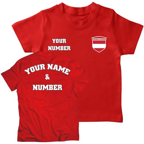 lepni.me Kinder Personalisiertes Fußballtrikot Österreich T-Shirt, Name und Nummer, Österreichische Flagge Abzeichen, Fußball-Europameisterschaft 2024 (7-8 Jahre Rot Mehrfarben) von lepni.me