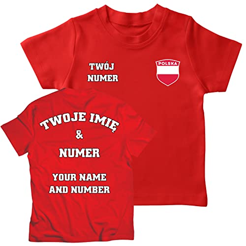 lepni.me Kinder T-Shirt Polen Fußball Trikot Ihrem Namen und Nummer Polnische Flagge Abzeichen Personalisierte Custom Top WM 2022 Fans (12-13 Jahre Rot Mehrfarben) von lepni.me