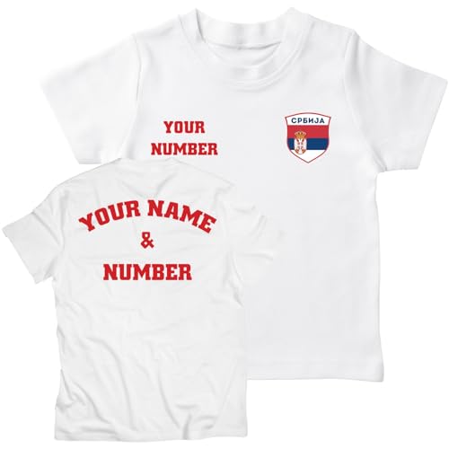 lepni.me Personalisiertes Kinder-Fußballtrikot Serbien T-Shirt | Name und Nummer | Serbische Flagge, Abzeichen | Fußball-Europameisterschaft 2024 (3-4 Jahre Weiß Mehrfarben) von lepni.me