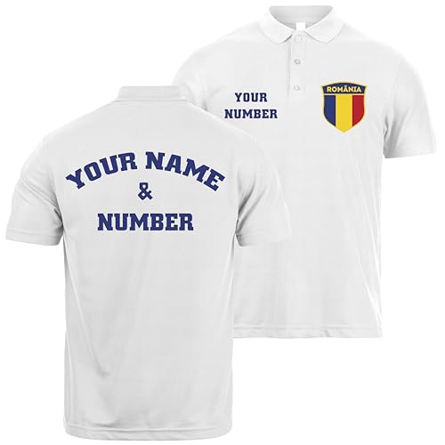 lepni.me Rumänien Fußball-Poloshirt für Herren mit Namen und Nummer | Rumänische Flagge Abzeichen, Personalisiertes Trikot| Europameisterschaft 2024 (L Weiß Mehrfarben) von lepni.me