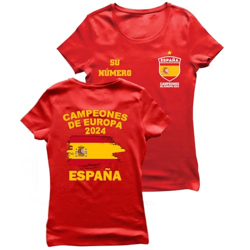 lepni.me Spanien-Fußball-T-Shirt für Damen mit deiner individuellen Nummer | Spanische Flagge Trikot mit Stern | Meister der Europameisterschaft 2024 (XL Rot Mehrfarben) von lepni.me