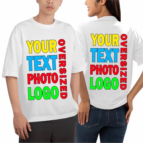 lepni.me Unisex Personalisiertes T-Shirt in Übergröße mit Individuellem Text Foto Logo | Sie Ihr Eigenes Design Vorder- und Rückseite Druck | Oversized Tshirt Herren Damen (M Weiß Mehrfarben) von lepni.me