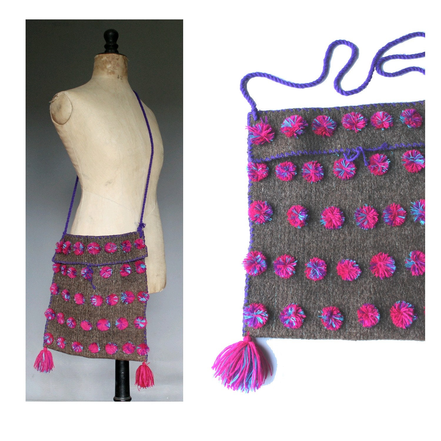 Pompom Wolltasche/1970Er Ethno Tasche Lila Pompom Wolltasche/1970Er Ethno Tasche Lila von lesclodettes