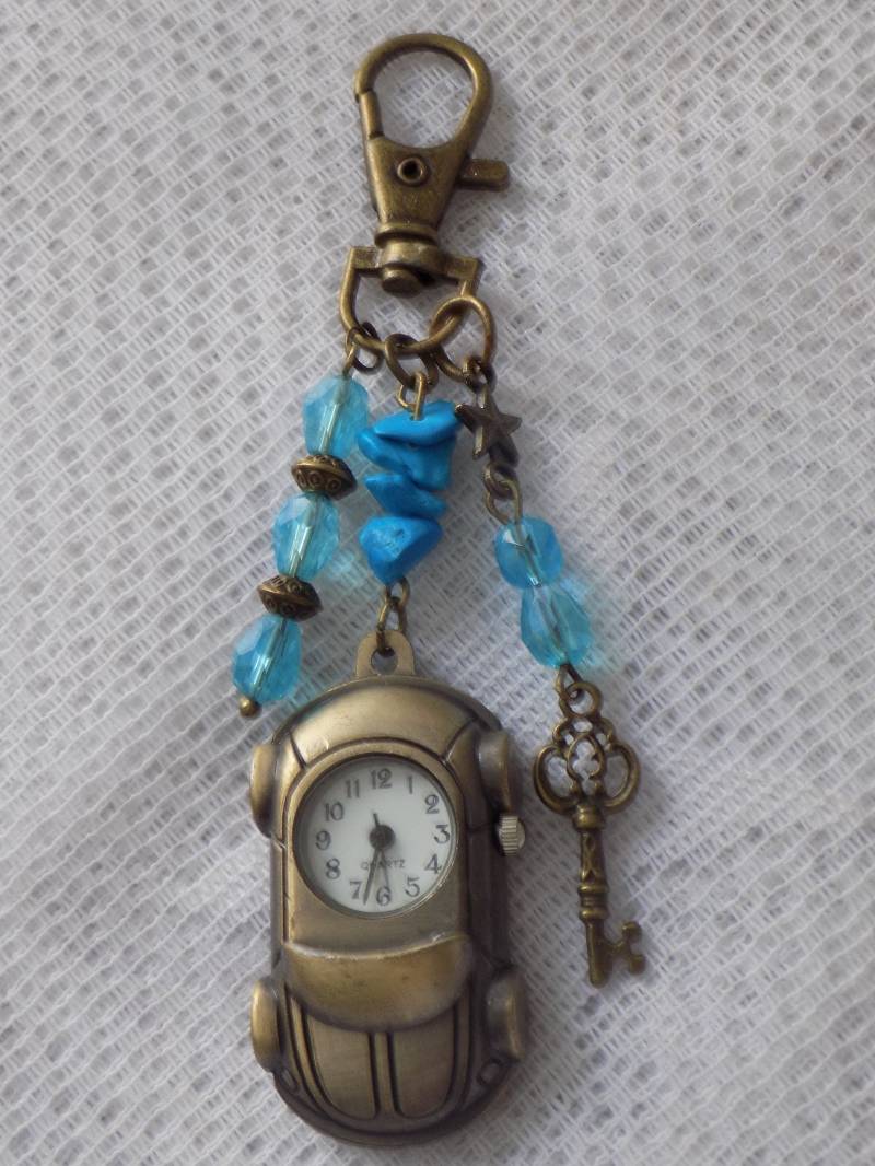 Taschenanhänger, Bronzefarbener Und Blauer Auto-Schlüsselanhänger, Kristalltropfenperlen, Splitterperlen, Charms von lescreationsdemylene