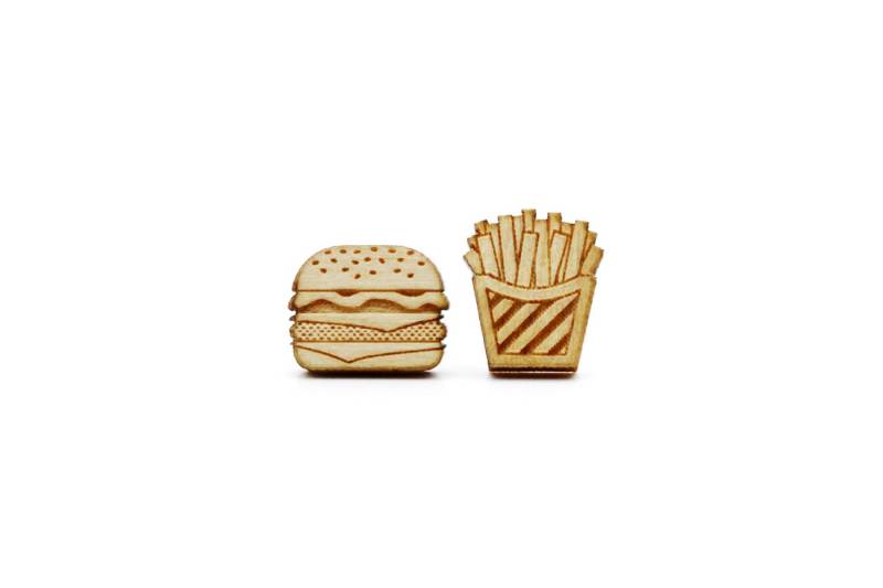Burger Und Pommes Ohrstecker - Fast Food Ohrringe Mini Schmuck Grafik Essen Lasercut Ahorn Holz Chirurgenstahl von lesfollesmarquises