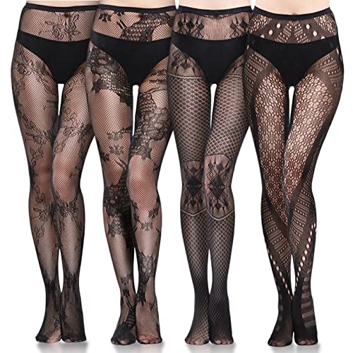 letcdfer 4 Paar Netzstrumpfhose Strümpfe Damen Sexy Gemusterte, Netzstrumpfhose Schwarz Gothic Kleidung Damen, Fishnet Stockings Stockings Sexy Damen Sexy Strumpfhosen für Frauen Strumpfhose Muster von letcdfer