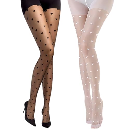 letcdfer Damen Strumpfhose mit Herzen Strumpfhose Herz,Netzstrumpfhose Glitzer Glitzer Strumpfhose Damen Netzstrumpfhose Schwarz und Weiß Strumpfhose Muster für Halloween Weihnachten von letcdfer