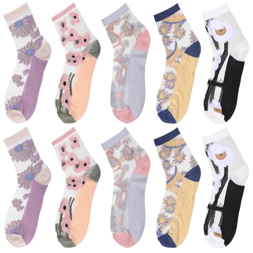 letcdfer 5 Paar Sheer Socken Frauen Blumen Durchsichtige Socken Damen Nylonsocken Transparente Damen Mesh Sock Knöchelsocken Durchsichtig Netzsocken Bunt Dünn Söckchen für Mädchen von letcdfer