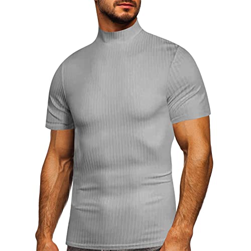 Herren-Pullover, Rollkragen, gerippt, einfarbig, kurze Ärmel, Basic, schmale Passform, leichter Pullover, Hellgrau, XL von lexiart