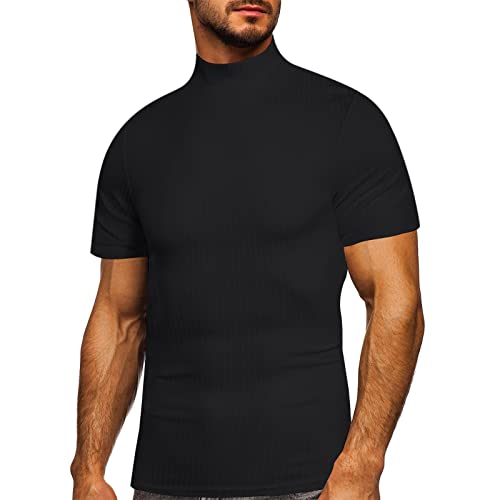 Herren-Pullover, Rollkragen, gerippt, einfarbig, kurze Ärmel, Basic, schmale Passform, leichter Pullover, Schwarz, XL von lexiart