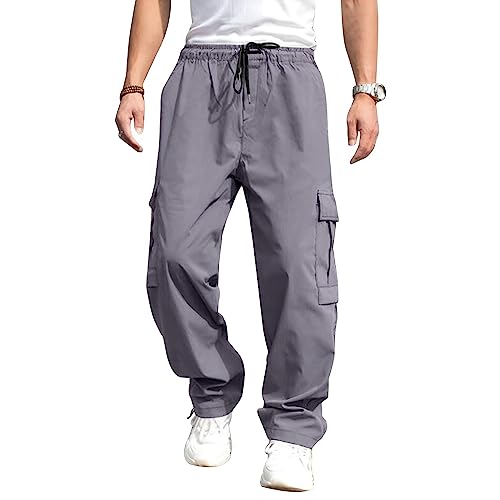 Lexiart Herren Wandern Cargo Pants Kordelzug Jogger Sweatpants Arbeit Sport Loose Fit Wanderhose mit Taschen, Hellgrau, XXL von lexiart