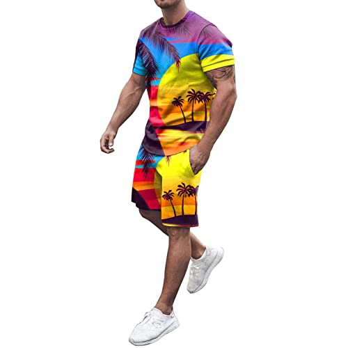Herren Trainingsanzug Set Sommer Sportanzug 2 Teiliges Outfit Hawaii Sport Set Kurzarm T-Shirt + Kurze Hose Sets Freizeitanzug Männer Rundhals Oberteile Shorts Jogginganzug von liaddkv