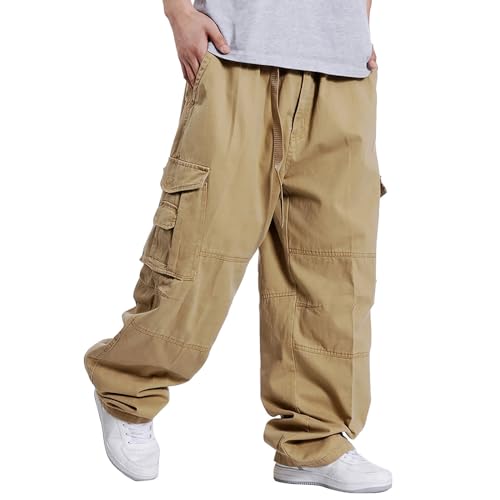 Hipster Fat Plus Size Hose mit weitem Bein Plus Size Herrenhose Hip Hop Baggy Multi Pocket Cargohose Cap Herren (Yellow, M) von liaddkv
